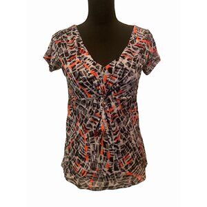 Axcess Y2K Abstract Twist Front Top - Cyber Geometric Print V-Neck Blouse Small
